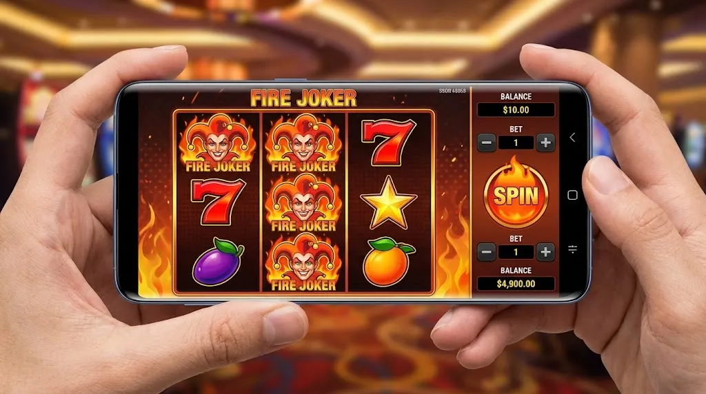 Fire Joker Slot-Oberfläche — 3×3-Walzen-Grid mit gestapelten Fruchtsymbolen im Gratis-Demo-Modus